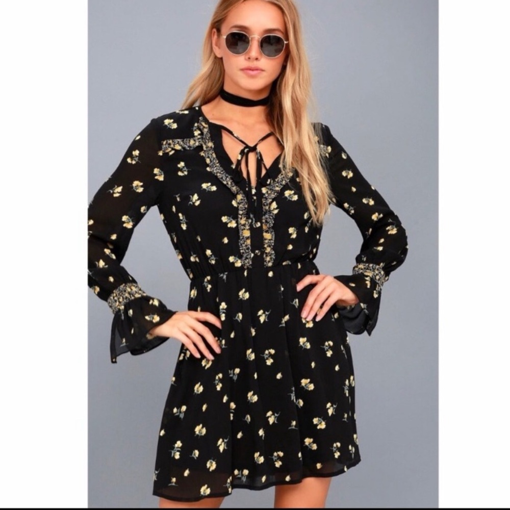 Lulus Freshly Picked Black Floral Long Sleeve Mini Ruffle Dress, Size Small